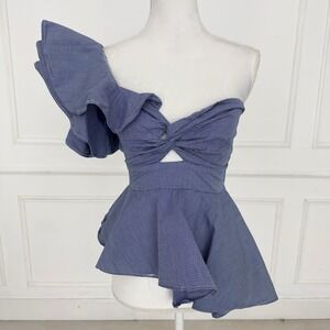 Glamaker Blue Gingham One Shoulder Ruffle Peplum Top Women's Size S